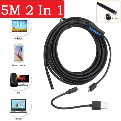 Aiskaer 7mm Endoscope IP67 Waterproof USB Inspection Snake Tube Camera for Andriod OTG Smart Phones( Also compatible with PC and Android tablet)-5M