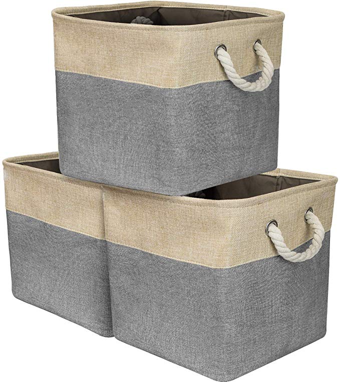 Sorbus Storage Large Basket Set [3-Pack] Big Fabric Collapsible Organizer Bin with Cotton Rope Carry Handles for Linens, Toys, Clothes, Kids Room (Grey)