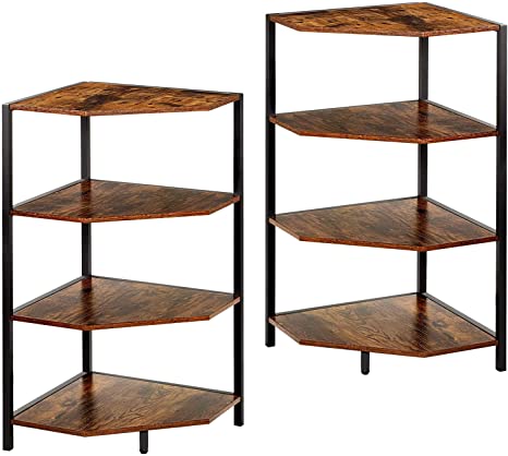 VECELO 4-Tier Corner Shelf Set of 2 31 Inch Display, Wood Storage Stand with Metal Frame, Multipurpose Shelving Unit for Small Space, Home Office, Brown