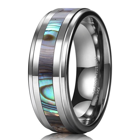 King Will NATURE Tungsten Carbide Ring Engagement Wedding Band Abalone Shell Inlay Polished Finish Step Edge