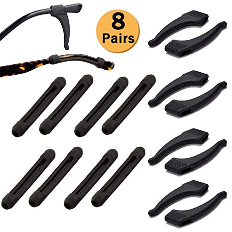 Eyeglass Anti-Slip Ear Hook, 8 Pairs Spectacle Ear Grip Hooks Tip Grip Silicone Anti-Slip Holder for Eyeglass Sunglasses, Black