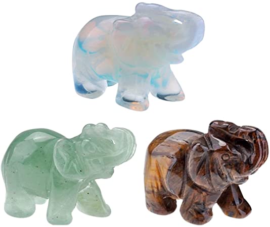 JOVIVI 3pcs Natural Carved Healing Gemstones Crystal Elephant Figurine Statues 1.5'' Home Room Decor Desk Decoration Christmas Ornametns, with Gift Box