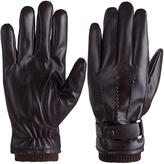 Mens Winter Leather Gloves Snap Closure Touch Screen Driving Gloves Warm Gloves with Fleece Lining