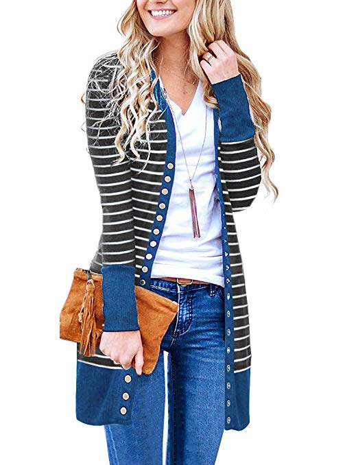 MEROKEETY Women's V Neck Striped Long Sleeve Snap Button Down Ribbed Contrast Color Cardigan