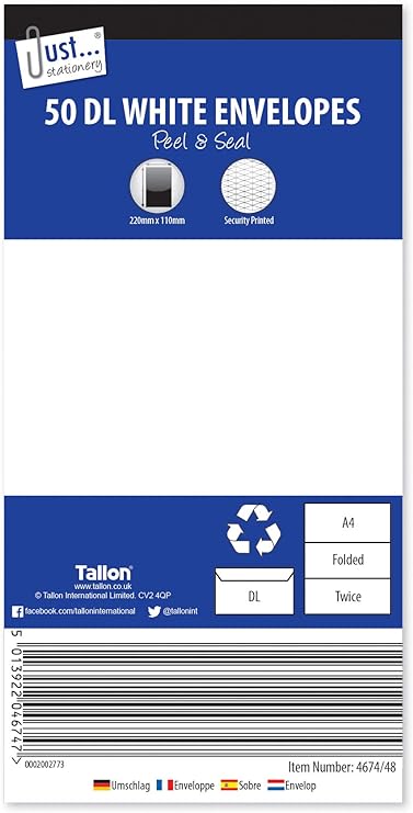 Tallon Just Stationery DL Peel & Seal Envelopes - White (Pack of 50), 4674