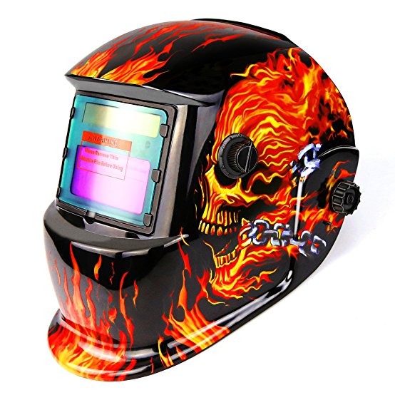 DEKOPRO Welding Helmet Solar Powered Auto Darkening Hood with Adjustable Shade Range 4/9-13 for Mig Tig Arc Welder Mask Shield Flaming Skull Design