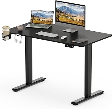 SANODESK Elektrischer Schreibtisch 110 x 60 cm mit Tischplatte (mit Haken/Flaschenhalter), Stehpult, höhenverstellbarer Schreibtisch mit Tischplatte, Memory-Funktion, für Homeoffice （Schwarz）