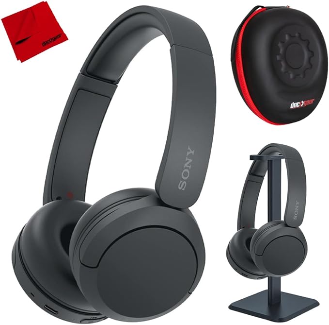 Sony WH-CH520/B Wireless Headphones with Microphone, Black Bundle with Deco Gear Hard Case   Pro Audio Headphone Stand   Microfiber Cleaning Cloth