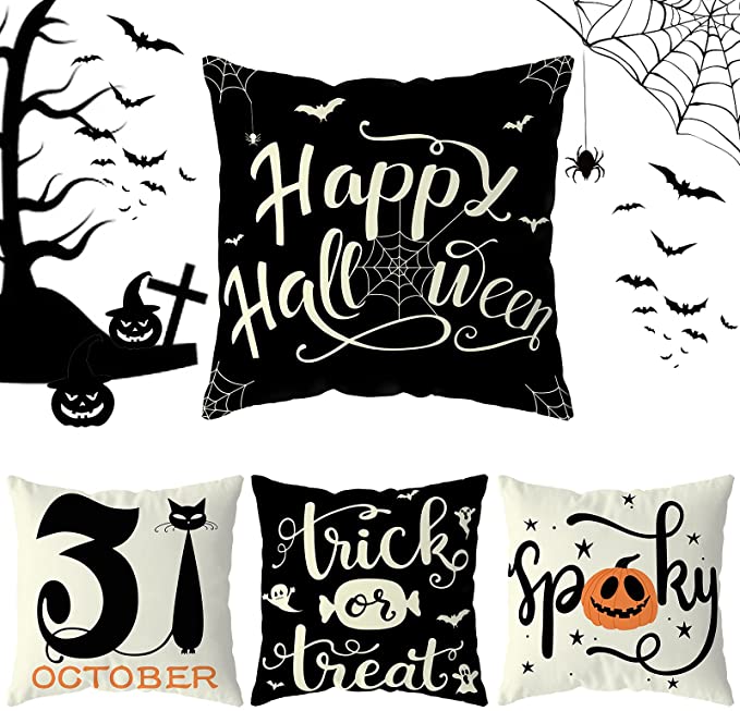 Halloween Decorations Pillow Covers 18x18 Set of 4 for Halloween Decor Indoor Outdoor, Party Supplies Farmhouse Home Decor Throw Pillows Cover Spider Web Cat Pumpkin Ghost Decorative Cushion Case