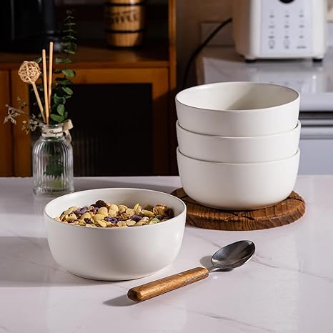 AmorArc Stoneware Cereal Bowls Set of 6, 26oz Soup Bowls Set for Cereal Soup Snacks, Modern Kitchen bowls for Meal, Dishwasher &Microwave Safe, Matte White