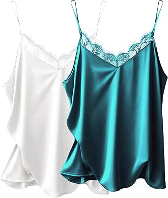 Ekouaer Women's 2 PCS Silk Satin Tank Top Lace Cami Spaghetti Strap Top V Neck Camisoles