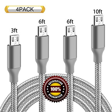 BULESK Micro USB Cable 4Pack 3FT 6FT 6FT 10FT 5000  Bend Lifespan Premium Nylon Braided Micro USB Charging Cable Samsung Charger Cord for Samsung Galaxy S7 Edge/S7/S6/S4/S3,Note 5/4/3 (Grey)