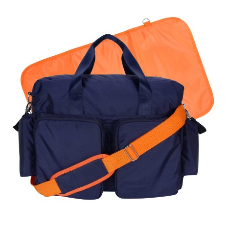 Trend Lab Deluxe Duffle Style Diaper Bag, Navy Blue and Orange