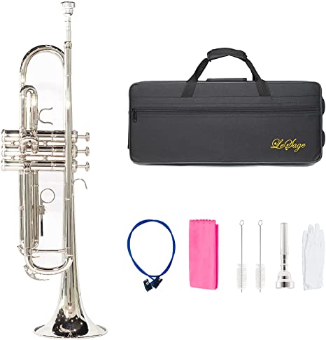 LeSage Nickel Silver Trumpet Standard Bb Brass Intermediate Trumpet for Beginner Student Trumpet with Case Gloves Cleaning Kit 7C Mouthpiece Silver