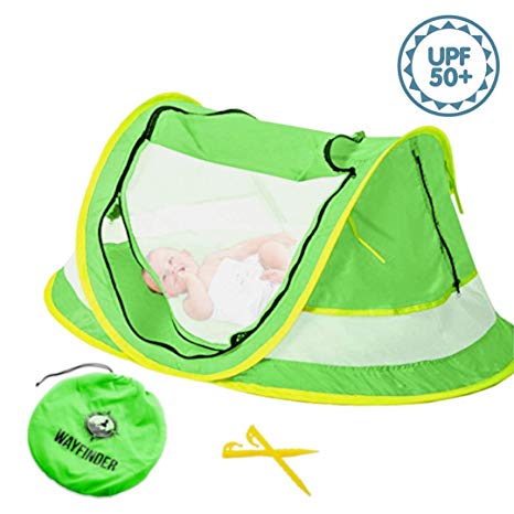 Wayfinder TravelTot, Baby Travel Tent Portable Baby Travel Bed Indoor & Outdoor Travel Crib Baby Beach Tent UPF 50  UV Protection w/Mosquito Net and 2 Pegs (Green/Yellow)