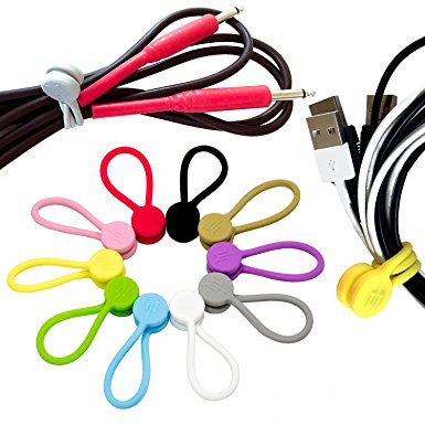 Heavy Duty Magnetic Silicone Cable Management Cord Holders - 10 Pack Twist Tie Wraps - Unique Tangle Free Wire Keeper Winder Straps For Music Accessories, Headphones, Earbud Clips, Cell Phone, Tablet