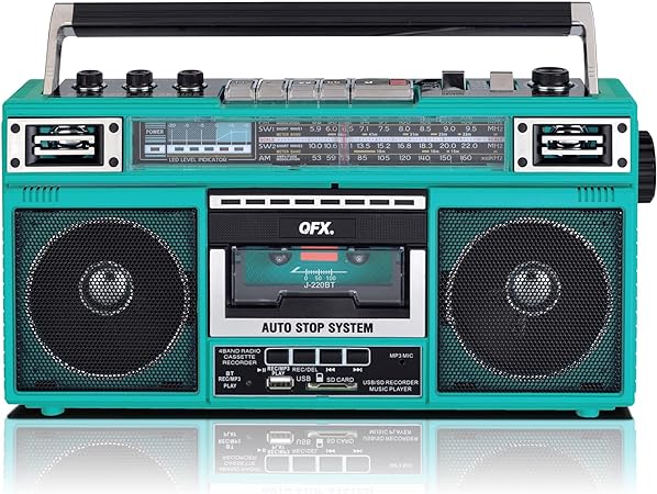 QFX J-220BTTQ Aqua Turquoise Boombox MP3 Conversion from Radio to Cassette with 4-Band (AM, FM, SW1, SW2) Radio with Bluetooth, Dual 3” Speakers, Built-in Microphone, Recorder, and a 3-Band Equalizer