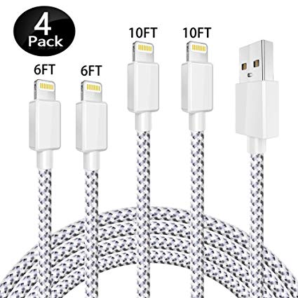 [MFi Certified] iPhone Charger Cable 4 Pack 6ft 10ft Lightning Cable High Speed Data Sync Transfer USB Cable Compatible with iPhone/X/8/7/Plus/6S/6/SE/5S/5C/iPad/iPod/Mini/Air/Pro and More (White)