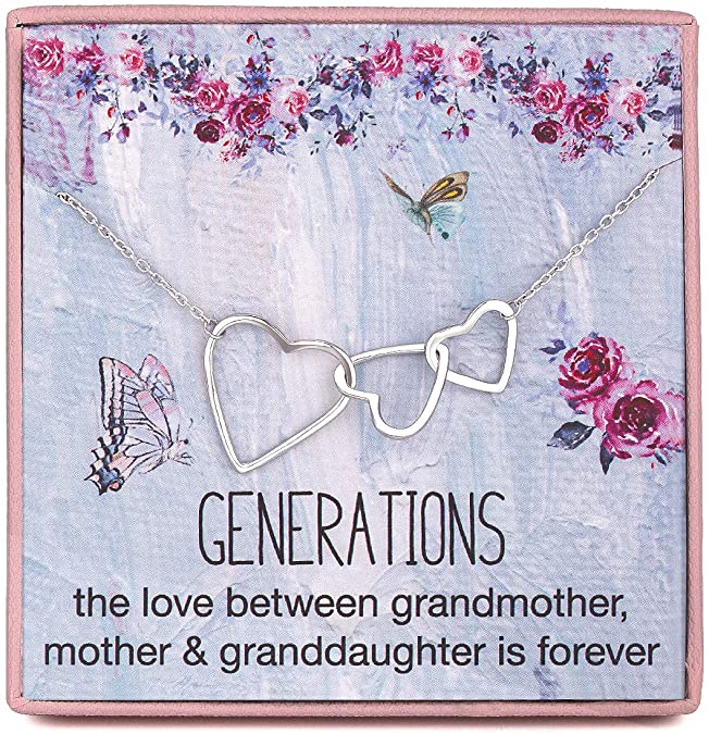 RareLove Grandma Gifts 3 Generations Necklace for Grandmother Mother Granddaughter 925 Sterling Silver Three Interlocking Hearts Pendant Necklace Chain Adjust from 16" to 21" Long Extender