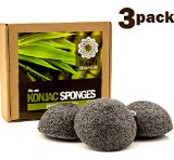 Konjac Sponge 3 Packs - Facial Skin Exfoliating Cleansing Sponge Scrub with Activated Bamboo Charcoal for Face and Body Wash - Suitable for Men and Woman