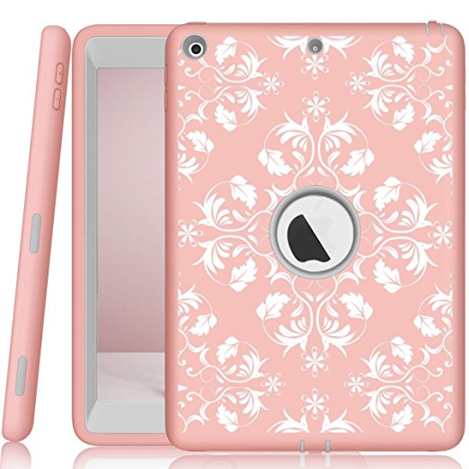 iPad 5th Generation Case, iPad 9.7 2017 Case, Hocase Shockproof Dual Layer Hard Shell Rubber Bumper Protective Case with Flower Vine Pattern and Kickstand for iPad Model A1822/A1823 - Rose Gold/Grey