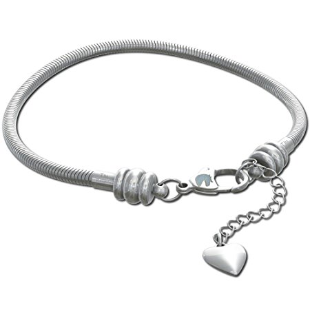 CHARM BRACELET for Women & Girls, BONUS Jewelry Bag, Steel Snake Chain Bracelets, Fits Pandora Charms! Lobster Claw Clasp, 6.5 Inch