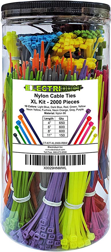 Electriduct Nylon Cable Tie Kit - 2000 Zip Ties - Multi Color (Blue, Red, Green, Yellow, Fuchsia, Orange, Gray, Purple) - Assorted Lengths 4", 6", 8", 11"