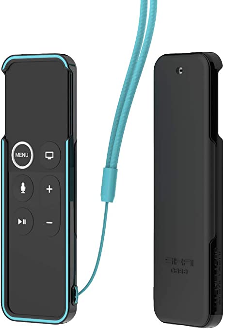SIKAI Shockproof Protective Case for Apple TV Siri Remote Anti-Slip Soft TPU Cover for Apple TV 4K Remote (MQGD2LL/A) Anti-Lost with Remote Loop (Black-Glow Blue 1)