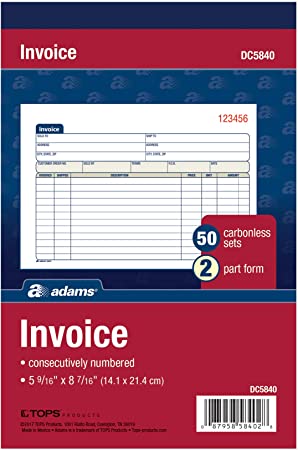 Adams Invoice Book, 2-Part, Carbonless, 5-9/16 x 8-7/16 Inches, 50 Sets per Book (DC5840)