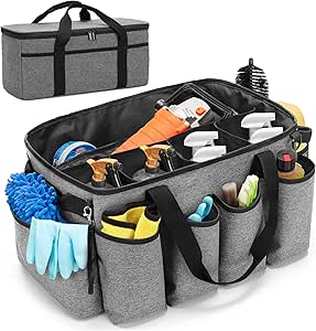 Detailing Bag with Polisher Carry Bag, Large Detail Bag Car Care Box for Auto Detailing Supplies, Car Wash Caddy & Trunk Organizer for Buffer Bottle Towel & Cleaning Kit, Gray, Patent Design