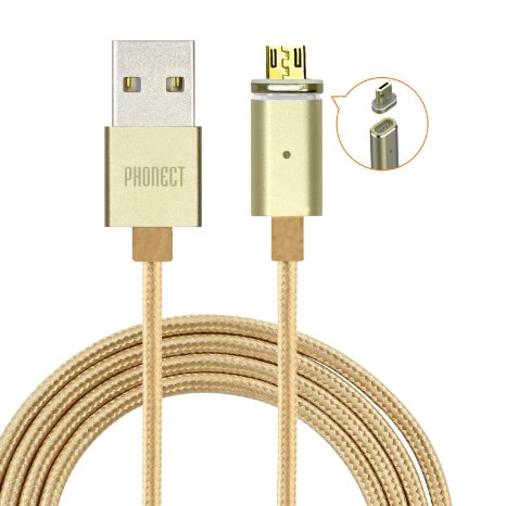 PHONECT 39ft12m Magnetic Cable Nylon Braided Tangle-Free Micro USB Cable with LED Light for Android Samsung Sony HTC Motorola and more Golden