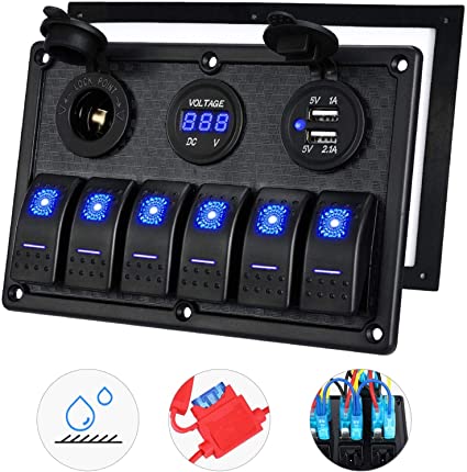 Kohree 4/6/8 Gang Marine Boat Rocker Switch Panel, 12V Waterproof RV Led Switch Panel for Car Truck Marine Boat, Digital Voltmeter Display Dual USB Charger Port DC 12 Volt Socket 12/24V Blue Lighted