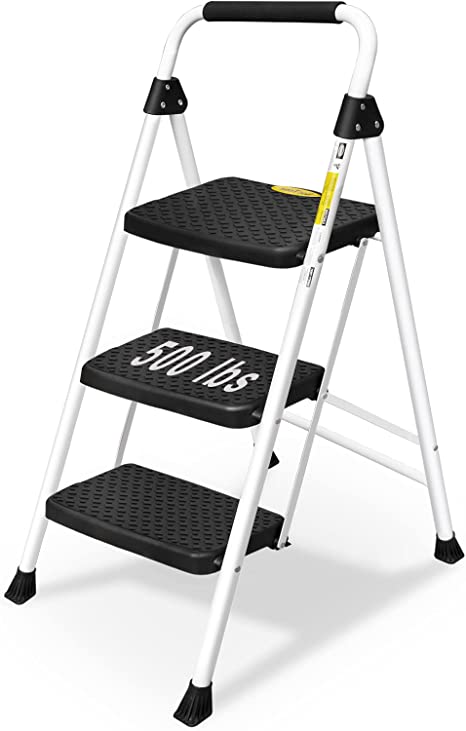 HBTower 3 Step Ladder, Folding Step Stool with Unique Snap-Lock Design, 500 lb. Capacity Sturdy Steel Ladder, Lightweight, Portable Steel Step Stool with Handle, White