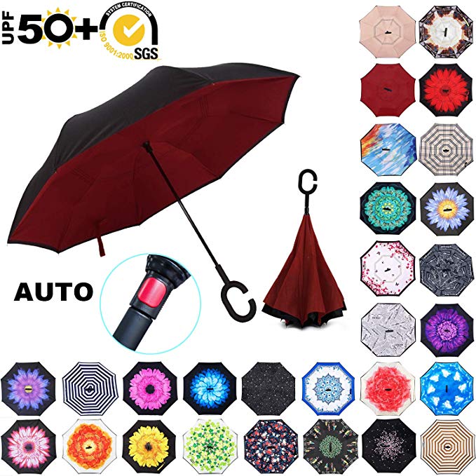 ABCCANOPY Inverted Umbrella,Double Layer Reverse Rain&Wind Teflon Repellent Umbrella for Car and Outdoor Use, Windproof UPF 50  Big Straight Umbrella with C-Shaped Handle, Burgundy