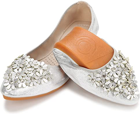 KUNWFNIX Women Ballet Flats Rhinestone Wedding Ballerina Shoes Foldable Sparkly Comfort Slip on Flat Shoes