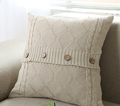 Home-organizer Tech Cotton Removable Knitted Decorative Pillow Case Cushion Cover Cable Knitting Patterns Square Warm Throw Pillow Covers, 17.5 By 17.5 Inch, Beige, Cover Only