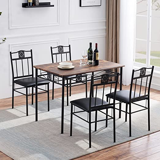 VECELO Dining Table Set with 4 PU Padded Chairs, Retro Brown