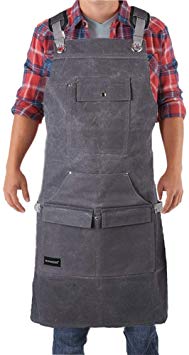 Waxed Canvas Tool Apron with Tool Pockets - Heavy Duty Work Shop Apron Water Resistant Adjustable Cross-Back Straps for Men Women Size S to XXL Father's Gift for Carpenters Woodworkers Gardener by BOHARERS