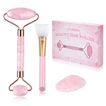 Jade Roller, Rose Quartz Roller TURATA Facial Roller and Gua Sha Beauty Skin Massage Tool, 100% Natural Facial Jade Stone, Anti-aging, Reduce wrinkle, Women Gifts