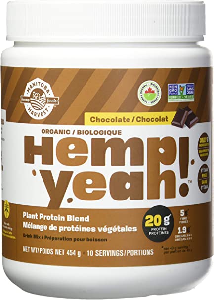 Manitoba Harvest Hemp Yeah! Organic Plant-Based Protein Powder, Chocolate, 454g; with 20g of Complete Plant Protein (Hemp   Pea), 4g of Fiber & 1.9g Omegas 3&6 Per Serving Per Serving, Non-GMO, Vegan