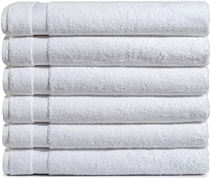AmazonCommercial Cotton Bath Towel Set - Pack of 6, 27 x 54 Inches, 600 GSM, White