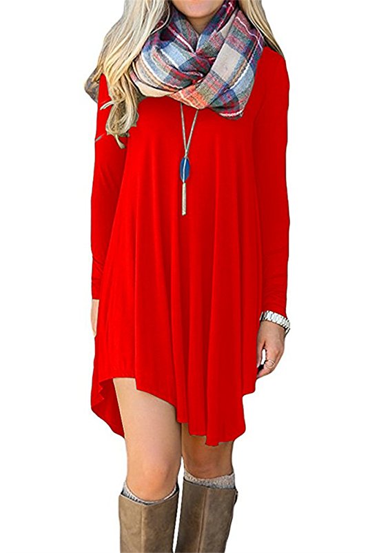 VOGRACE Women's Asymmetrical Long Sleeve Casual Swing Tunic Shirt Dress