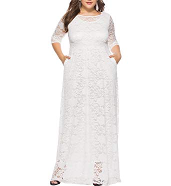 Eternatastic Womens Floral Lace 2/3 Sleeves Maxi Dress Plus Size Evening Party Dress