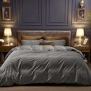 PHF Super Soft Velvet Duvet Cover King Size, 3pcs Luxurious Breathable Velour Fluffy Comforter Cover with 8 Ties, Cozy Flannel Duvet Cover with Pillow Shams, Zipper Closure, 104"x90", Smoke Grey