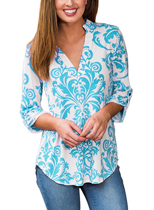 Dokotoo Womens Casual V Neck 3 4 Sleeve Floral Print Blouses And Tops T -Shirts