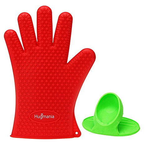 Heat Resistant Silicone BBQ Gloves Protective Oven Mitts Insulating Waterproof Safety for Outdoor Cooking, Barbecue Grilling, Household Use, Free Bonus Kitchen Pot Holder Finger Glove (1, Red)