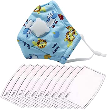 Unisex Kids 1 Blue Cotton Mouth Cover Cute Cartoon Print with Vent on Side & Adjustable Elastic Loops & 10 Pieces Pads for Girls Boys