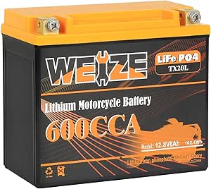 Weize Lithium YTX20L-BS, 600A LiFePO4 Motorcycle Battery Group 20, 12V 8AH ATV, UTV, Jet Ski, 4 Wheeler, Snowmobile, Personal Watercraft, Seadoo, Polaris, Generator and Riding Lawn Mower Battery