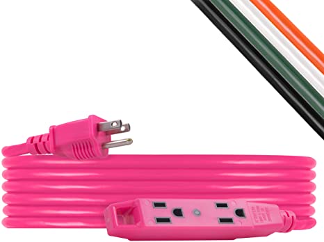 UltraPro 25 Ft Extension Cord, 3-Outlet Power Strip, Double Insulated, Grounded, Heavy Duty, 16 Gauge, General Purpose, Indoor/Outdoor Use, UL Listed, Hot Pink, 50805