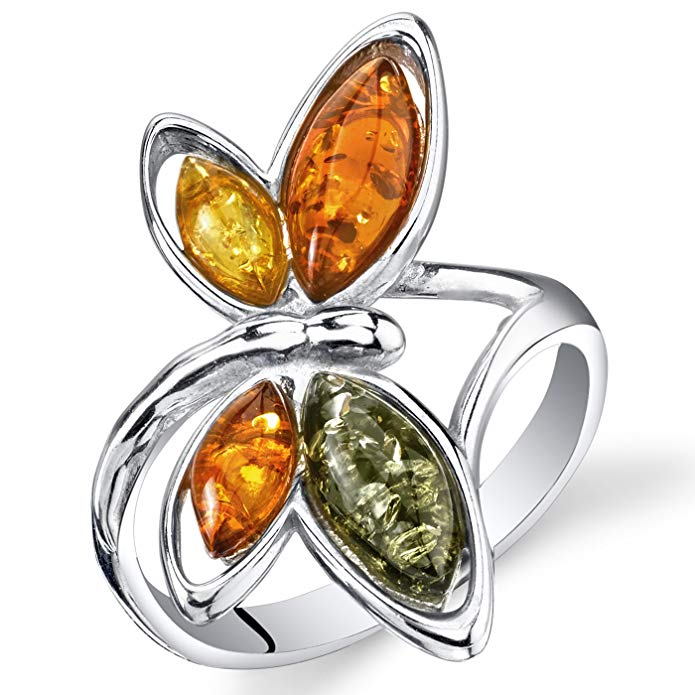 Baltic Amber Butterfly Ring Sterling Silver Cognac Color Multiple Colors Sizes 5-9